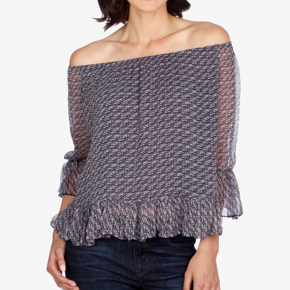 Lucky Brand Womens Printed Off Shoulder Top Purple Blue Ruffle Trim size XS